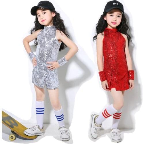 Kids Girl Sequin Dancing Red Silver Green Crop Top Shorts Wrist Sleeves Socks 4pcs Sets Hip-hop Jazz Dance Clothes Children Sets
