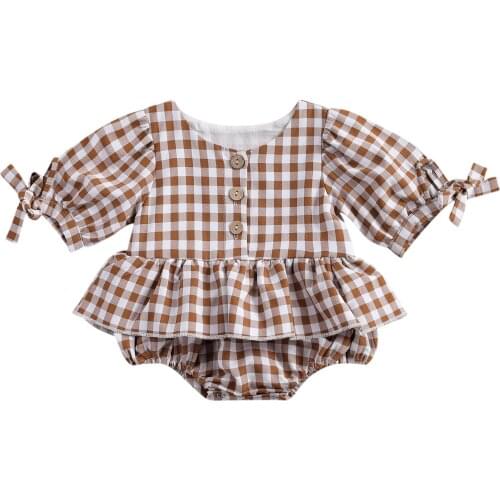 Wallarenear 0-24M Newborn Infant Baby Girl Romper Long Sleeve O-Neck Cotton Plaid Patchwork Dress Jumpsuit Clothing