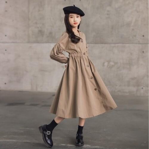 Teen Girls X-long Trench Coat 2021 New Kids Fall Clothes Khaki Color Fashion Cool Dress Coat