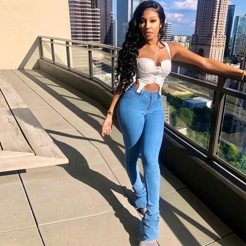 OMILKA Pile Denim Jeans 2020 Autumn Women High Waist Pocket Casual Skinny Blue All Match Jeans Pants Trousers