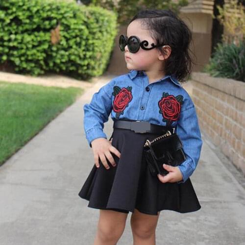 Fashion Baby Girl Clothes Floral Jeans Long Sleeve Shirt Tops+Black Tutu Skirt Set Children Spring Autumn Clothing 1-6 Years