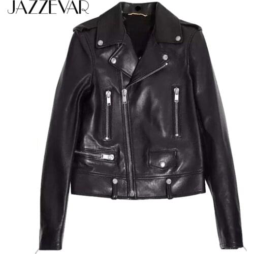 JAZZEVAR 2021 Classic High Fashion Street Women Real Sheep Skin Leather Jacket Black Genuine Leather short Motorcycle Jackets