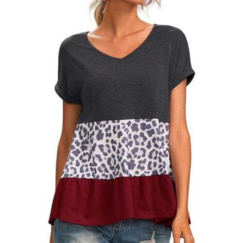 Fashion Vintage Patchwork Peplum T Shirt Women Short Sleeve Slim Tops V Neck Sweet Cute Tops