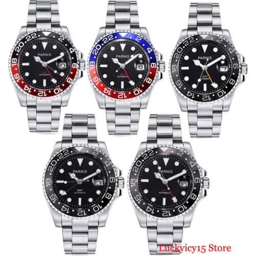 5 models Hot PARNIS Brand 40mm Business Men Watch GMT Model Sapphire Glass Date Window Mental Strap