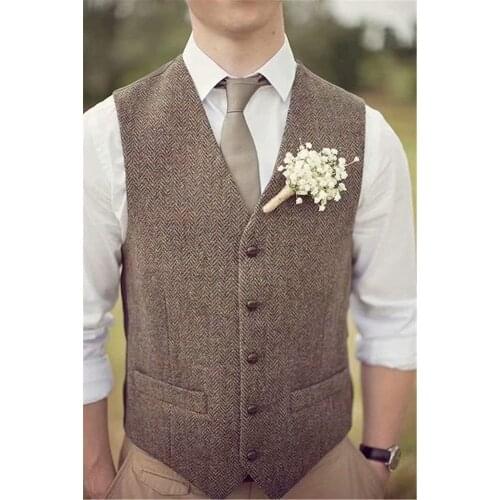 Mens Brown Vest Tweed Wool Waistcoat Lapel Plaid Suit Vest Herringbone Tweed Tuxedo Vest 2020 New