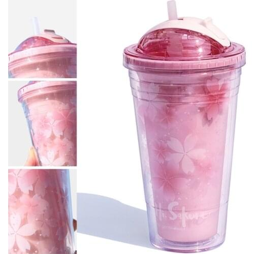 W3JE Sakura Plastic Cup with Lid Straw Water Bottle Drinking Juice Milk Coffee Mug