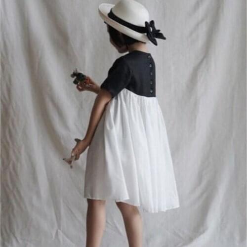 Japan Korea Cotton and Linen Girls Dress 2021 New Kids Summer Clothes Teen Patchwork Dress Buttons Short Sleeve, #6312