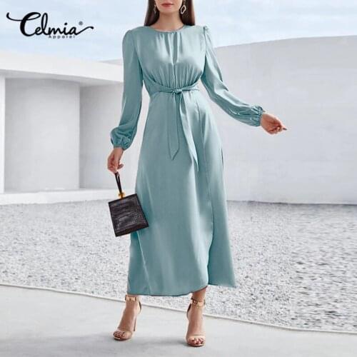 Celmia Puff Long Sleeve Maxi Dress Elegant Satin Round Neck Fashion Office Long Robes Women Casual Bandage Vestidos Party Dress