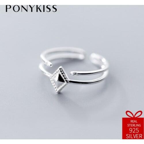 PONYKISS Trendy 100% 925 Sterling Silver Minimalist Rhombus Adjustable Opening Ring Women Party Fine Accessories Birthday Gift