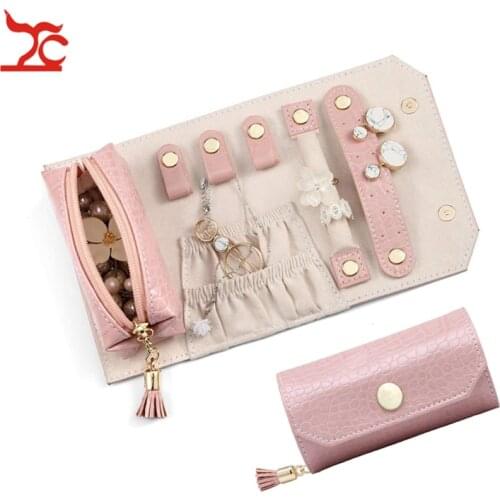 Pink Leather Jewelry Storage Pouch Portable Necklace Ring Earring Bracelet Jewelry Organizer Case Cosmetic Travel Boite Bijoux