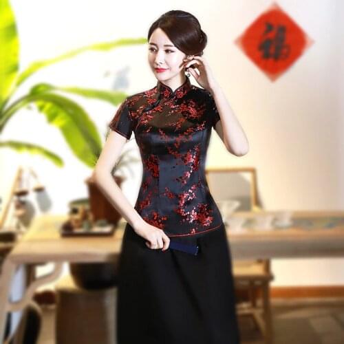 SHENG COCO 4XL 10 Color Chinese Tops Qipao Shirts Plum Printed Flower Pattern Tops Cheongsam Satin Summer Ladies Black Red Pink
