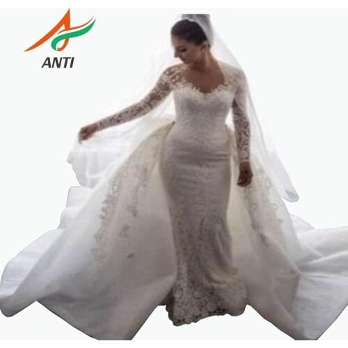 ANTI New Luxurious Mermaid Wedding Dresses 2019 Detachable Train Long Sleeve Scoop Neck Beading Bow Button Bride Gowns Custom