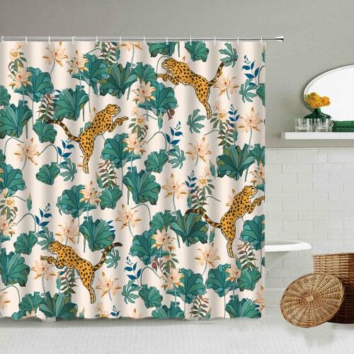 Tropical Green Plants Leopard Animals Shower Curtain Palm Leaf Bathroom Decoration Blackout Waterproof Curtains With Hook Set