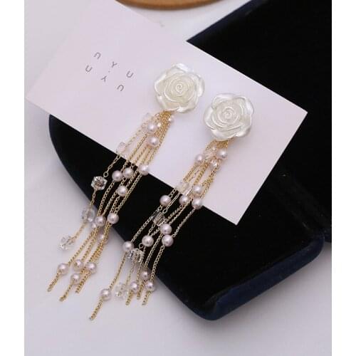 Vintage Irregular Flower Pearl Drop Earrings For Women Gift Jewelry Simple Elegant Metal Crystal Long Tassel Dangle Earrings