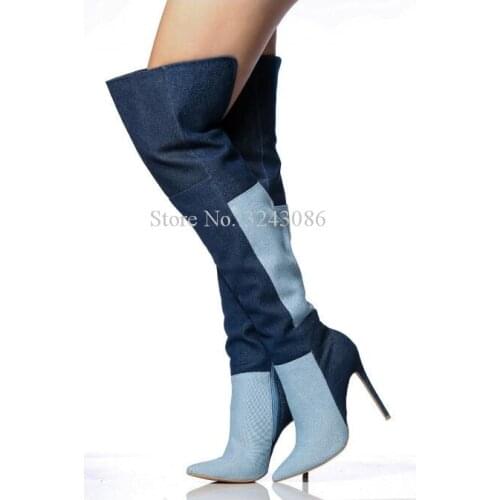 Fashion Patchwork Jean Over the Knee Boots Women New Mixed Color Stiletto Heel Denim Long Boots Lady Popular Winter Boots