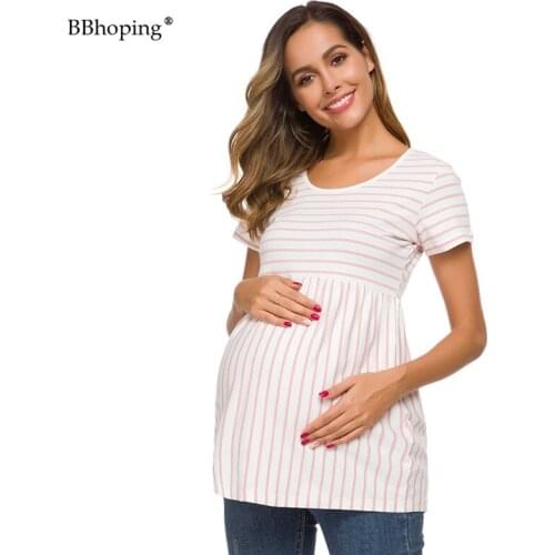 Womens Maternity Casual Striped Tops Short Sleeve Peplum Pregnancy Shirts Round Neck Mama Clothes Maternity Tees Vetement Femme