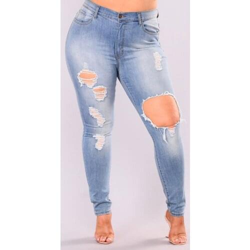 DOIB Women Hole Jeans Plus Size Blue Slim Pencil Fashion Denim Jeans Large Size Trousers Washing Pants 6XL