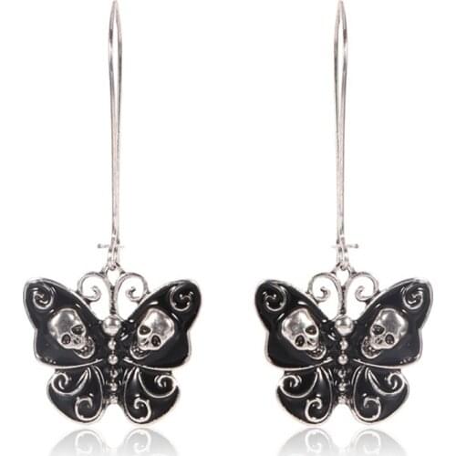 Punk Skull Black Butterfly Dangle Earrings For Women Gothic Fashion Vintage Trendy Skeleton Insect Earrings Statement Jewelry