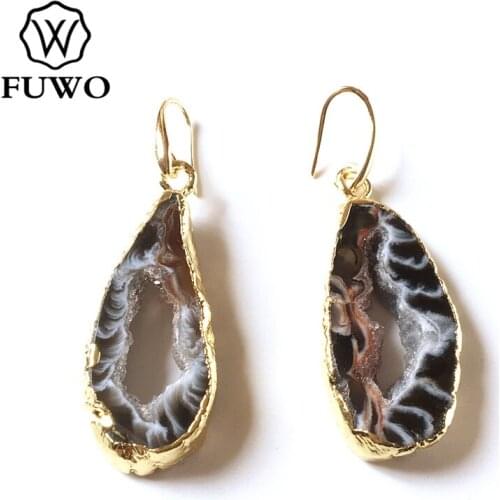 FUWO Female Elegant Geode Slice Drop Earrings Irregular Natural Agates Quartz Gold Dangle Earrings Jewelry Wholesale ER253