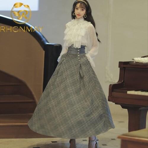 New 2021 Autumn Winter Long Sleeve Blouse Top + Woolen Bandage Plaid Skirt Set Suit Women Two Piece Outfits Sweater Skirt