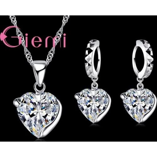 Women Austrian Crystal Pendant Necklace Earrings Heart-shaped 925 Sterling Silver Crystal Jewelry Sets Female Fashion Accessory