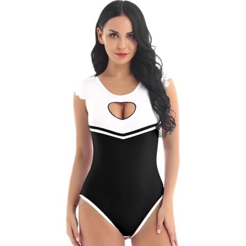 Women Adult One Piece Exotic Apparel Lingerie Heart-shaped Cutout Bust Crotch Sexy Jumpsuit Costume Soft Cotton Romper Bodysuit
