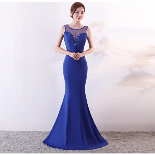 Corzzet Women Fashion Elegant Mermaid Blue Sleeveless Floral Appliques Bodycon Celebrity Party Dress Clubwears
