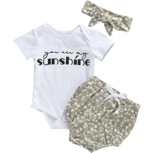 0-18M NEW Summer Baby Girl Clothing Infant Kids 3Pcs Set Short Sleeve Letter Bodysuti High Waist Bottoms Headband Floral Outfits