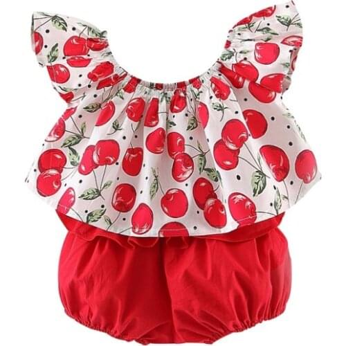 Kids Girls Sets Summer Cute Baby Girls Casual Fly Sleeve Tops Cherry Print T-shirt+Shorts Suits Costume Set