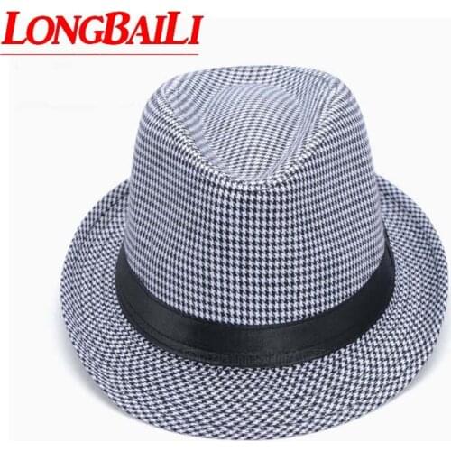 Cotton Blend Houndstooth Fedora Hats For Men Chapeu Masculino Panama Jazz Trilby Hat CSDB005