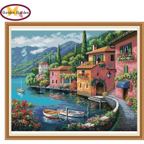 GG Colorful House By The Water Paintings Chinese Cross Stitch Embroidery Needlework Sets Needlepoint Cross Stitch for Home Decor