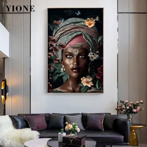 African Woman Modern Art Canvas Painting Tropical Plants Butterfly Flower Black Girl Prints Wall Poster Picture for Living Room