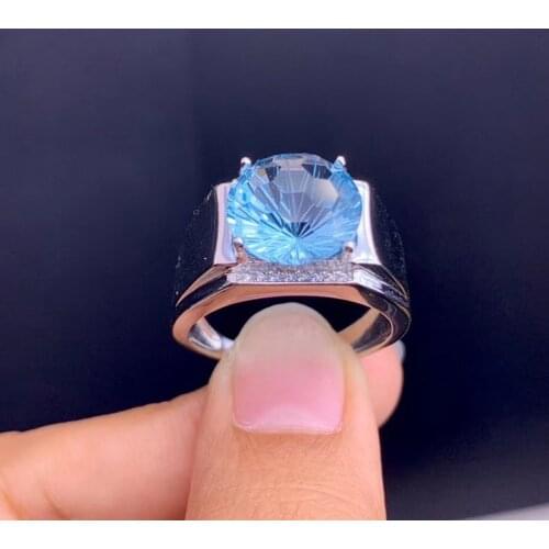 Pure Natural Topaz Ring Blue for men Party Big Gemstone 12x12mm Fine jewelry High Quality S925 Silver Support Test