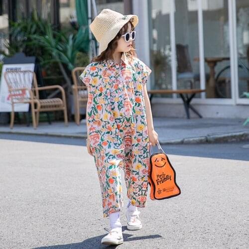 Michael Girls' Jumpsuit Floral Summer Korean-Style Sleeveless Loose Fashion One-Piece Suit Western Style All-match Pants