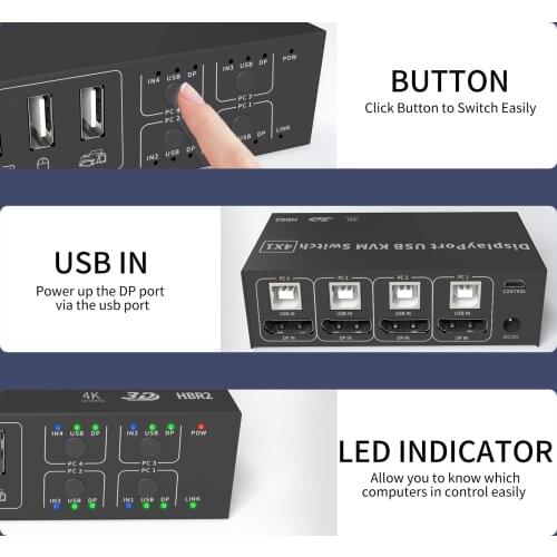 Displayport USB KVM Switch 4×1 4K@60HZ DP Switcher 4-port DP KVM Computer Host Shared Display 4 in 1 Out Switch Shared Keyboad