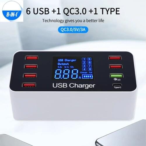 8 Port USB Charger Desktop Charging Station Hub Type C Quick Charge 3.0 LCD Display for Mobile Phone iPad Multi Fast Charger