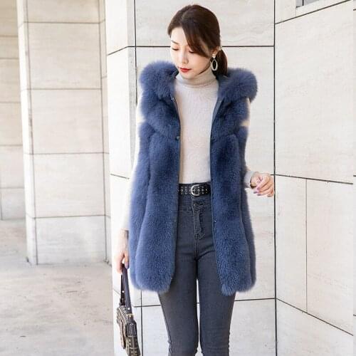 2020 New Female Fur Fox Whole Fur Real Fur Vest Mid-length Hooded Fur Vest Fashion Fur Waistcoat