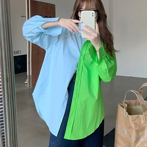 Autumn stitching contrast color loose long-sleeved shirt fashion loose mid-length long-sleeved casual blouse