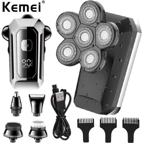 Kemei Multifunctional Men’s 5-in-1 Electric Head Shaver Kit For Bald Men 6 Blade Heads Razor For Men Anti-Pinch Ergonomic Design