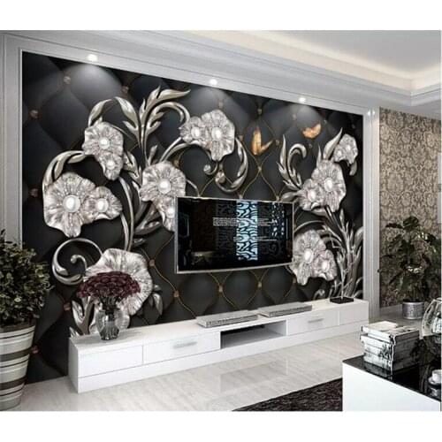 Custom wallpaper 3d photo mural black 3D stereo jewelry flower soft pack TV background wall European style TV background 3d wall