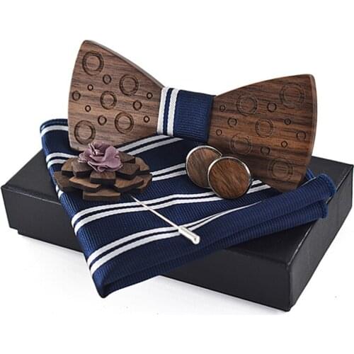 Dropshipping wooden bow tie cufflinks set dots walnut wood grain bow tie for men women with kerchief and brooch