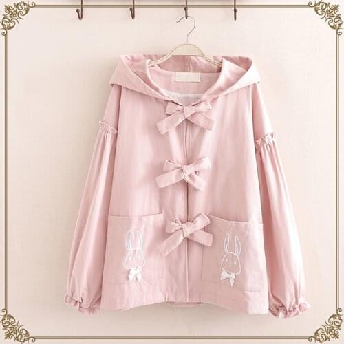 Spring Kawaii Casual Oversize Long Sleeve Hooded Coat For Teen Girls Japanese Harajuku Bunny Embroideried School Women Hoodies