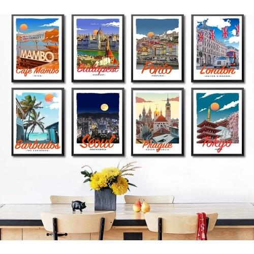 Retro Vintage Travel Cities Poster New York London Spain Landscape Canvas Painting Print Wall Art Pictures For Living Room Decor