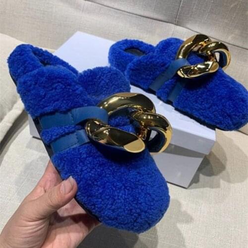 Fashion golden chain women slippers soft warm lambswool mules