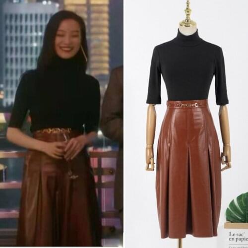 Kpop IU Seo Yea Ji Korean High Neck Half Sleeves Slim Black T-Shirt Tops + High Waist PU Leather Long Skirts Women Two-Piece Set