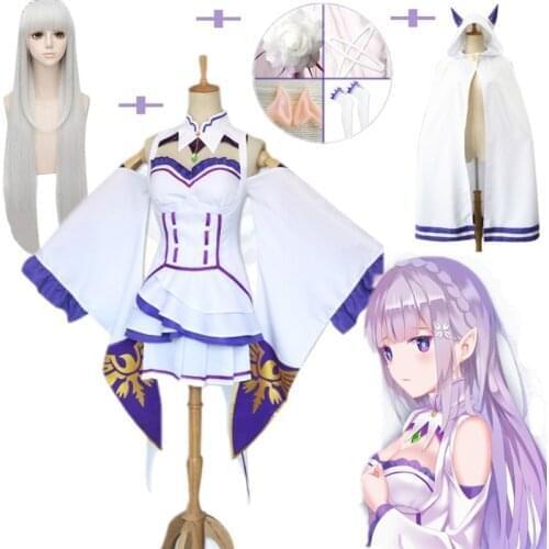 Emilia Dress Re Zero Cosplay Sets Wig Women Cosplay Dress Emilia Cosplay costume Anime Cosplay Party Halloween Party cloak wig