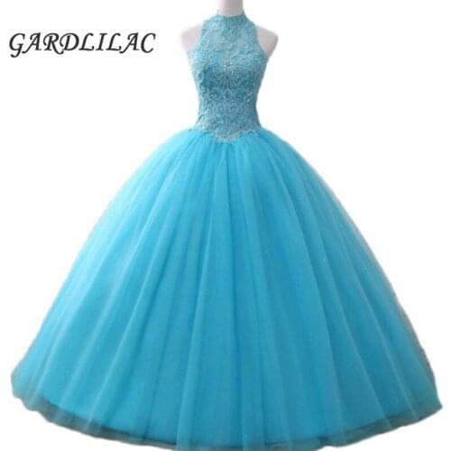 Ball Gown Turquoise Quinceanera Dresses Halter Appliques Vestido de debutante Prom Dress 2019 vestidos de 15 anos quinceanera