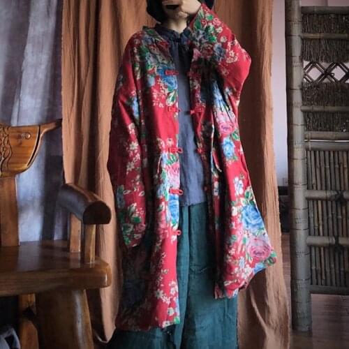 Johnature Women 2020 Winter Cotton Linen Coats Red Print Flower O-neck Parkas New Vintage Pockets Plus Cotton Warm Retro Coats