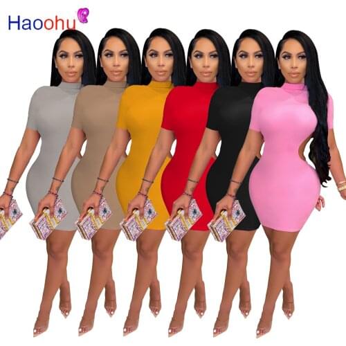 HAOOHU Bodycon Solid Color Mini Women Dress Short Sleeve Cut Out Open Back Bandage Pencil Short Sleeve Dresses Outfits