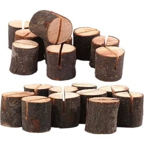 20 Pcs Rustic Wood Place Card Holders Circular Table Numbers Holder Stand Wooden Bark Memo Holder Card